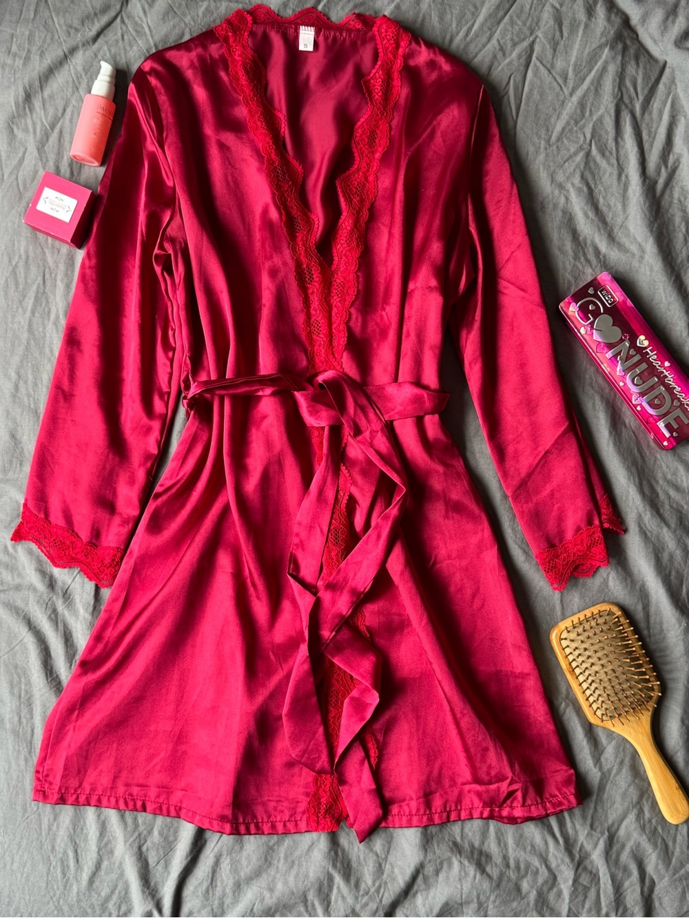 Women's Red Lace-Trim Satin Robe - 2026 elegant feminine girly color cherry